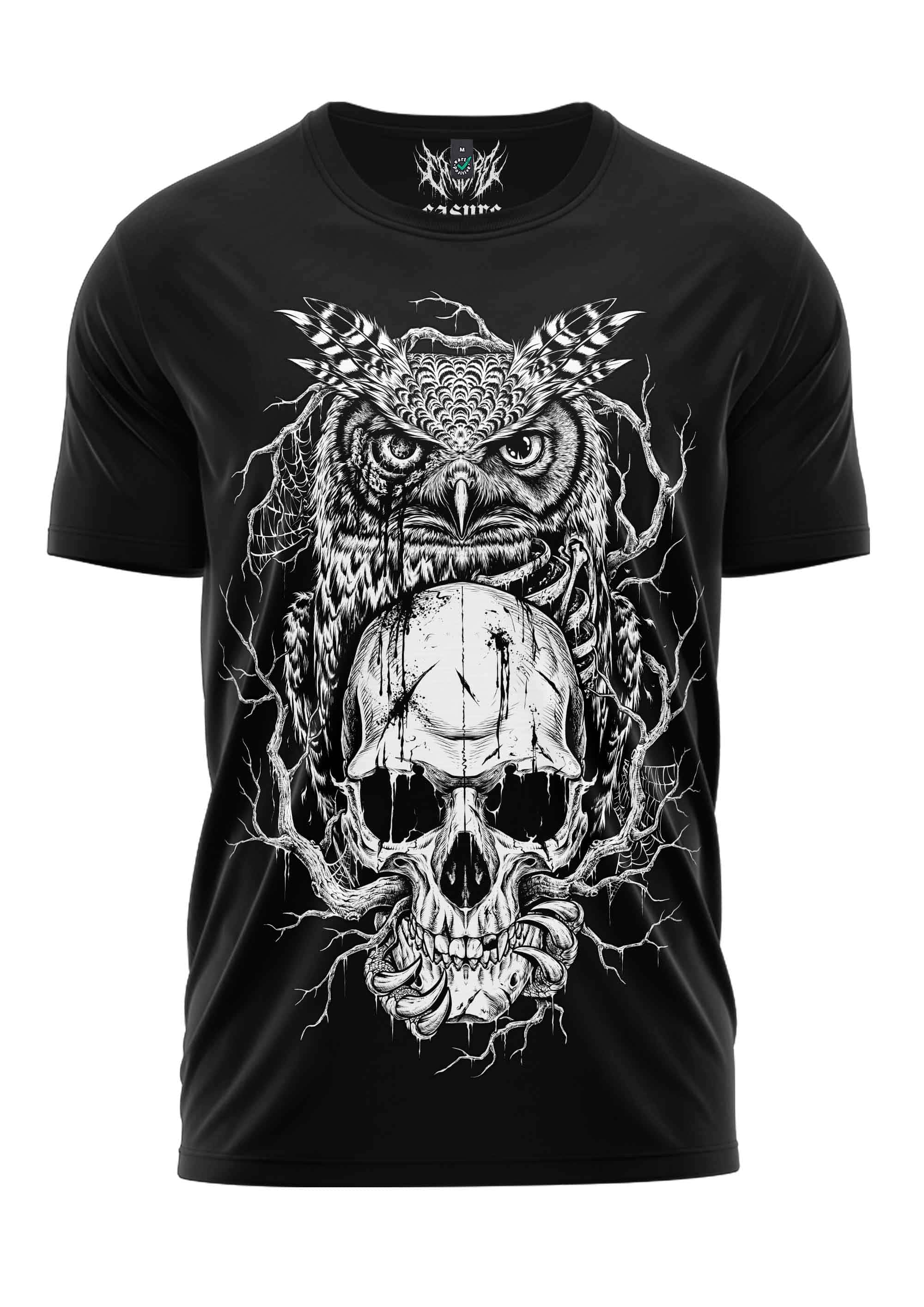 Schwarzes t-shirt mit detailreichem frontprint einer schädel eule und ausdrucksstarkem gothic motiv